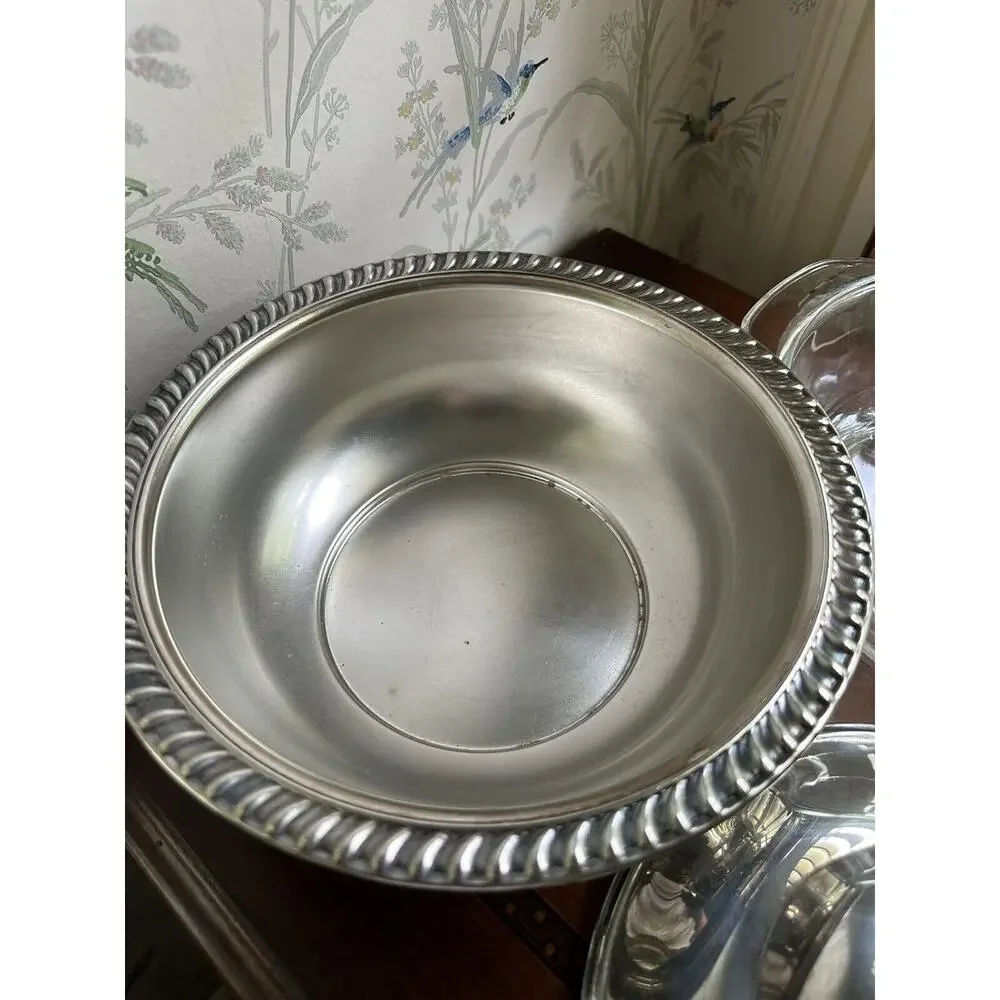 Vtg Eales Fire King 1779 Silverplated Server Clear Glass Nested Bowl Anchor Hock